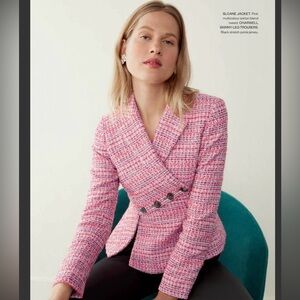 The Fold London Sloane Tweed Jacket Spring Blazer in pink yellow tweed US8 UK12